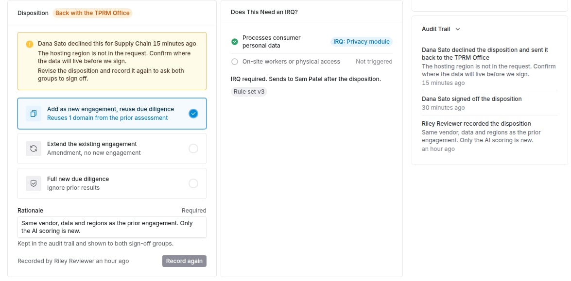 Disposition card labeled Back with the TPRM Office, with a notice that Dana Sato declined for Supply Chain because the hosting region is not in the request, a Record again button, and the decline entry in the audit trail