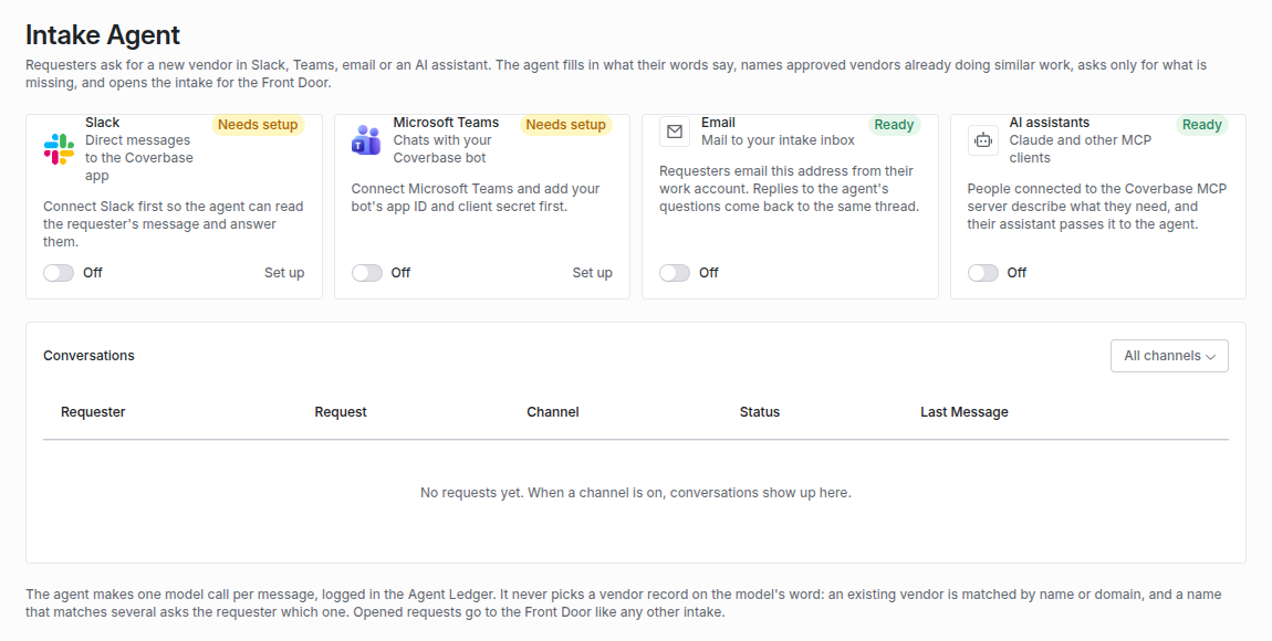 Intake Agent page with Slack and Microsoft Teams channels marked Needs setup, Email and AI assistants marked Ready, each with an Off switch, and an empty Conversations table
