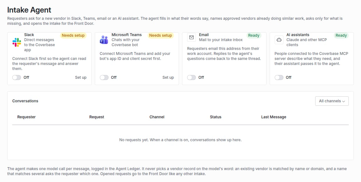 Intake Agent page with Slack and Microsoft Teams channels marked Needs setup, Email and AI assistants marked Ready, each with an Off switch, and an empty Conversations table