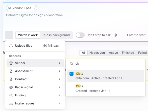 The plus menu open in the Coverbase AI composer, with Upload files at the top and a list of record kinds below, the Vendor search open with matching vendors