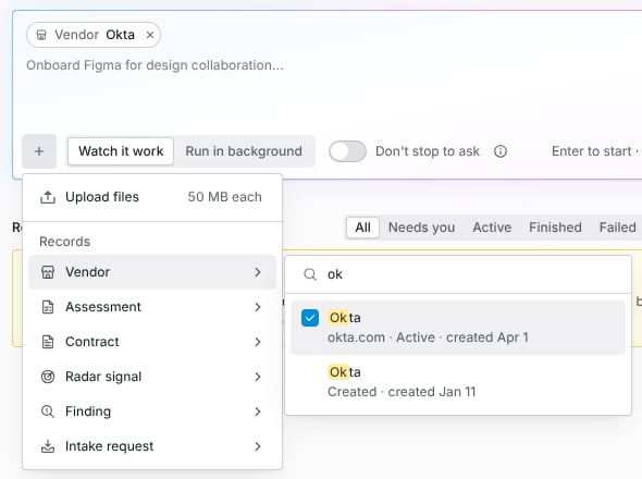 The plus menu open in the Coverbase AI composer, with Upload files at the top and a list of record kinds below, the Vendor search open with matching vendors