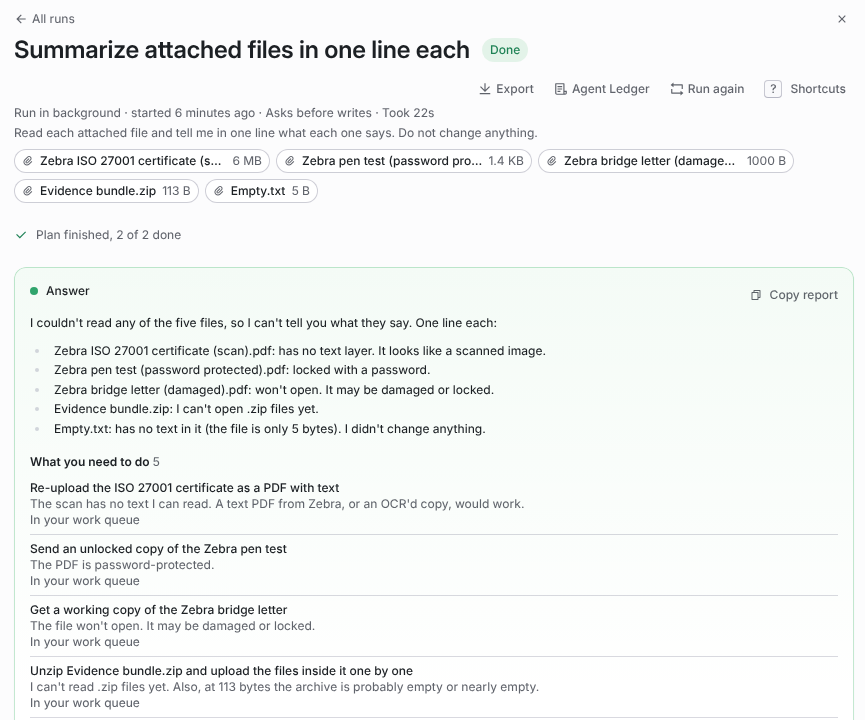 Report of a run that read five attached files, listing why each could not be read, followed by What you need to do with one to-do per file