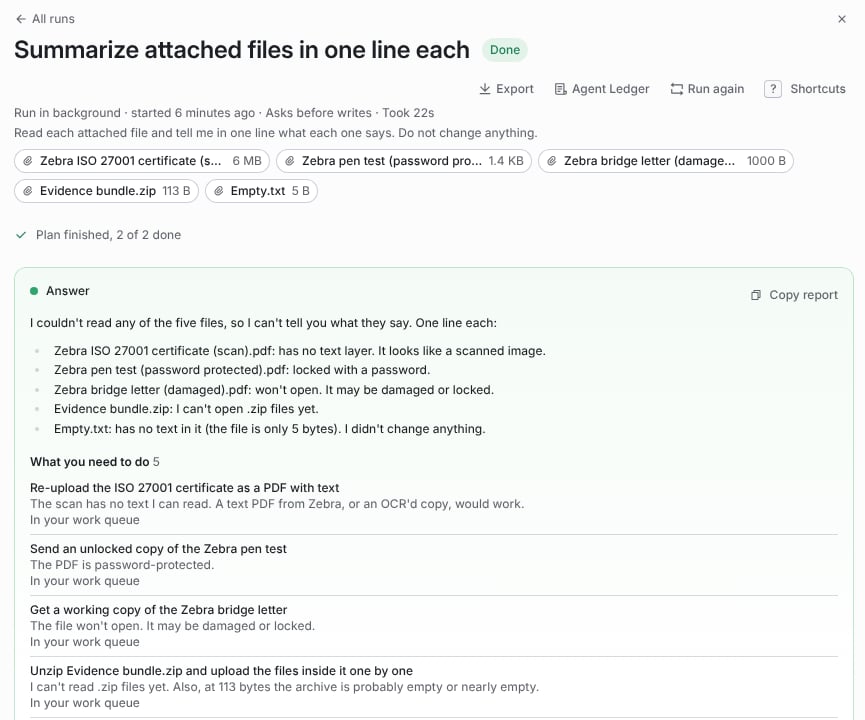 Report of a run that read five attached files, listing why each could not be read, followed by What you need to do with one to-do per file