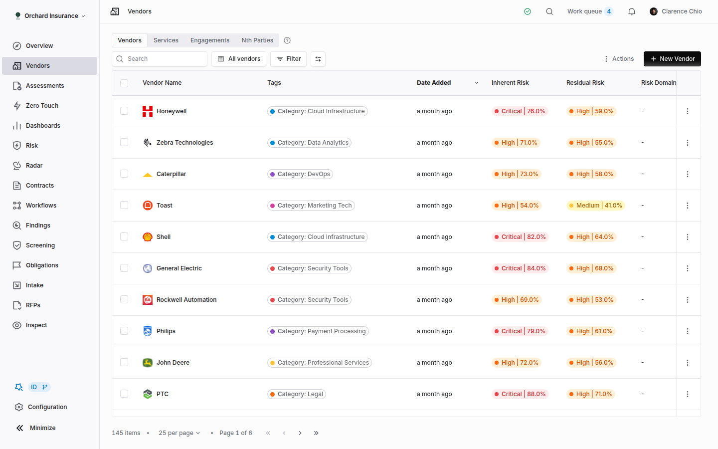 Vendors list with columns, filters and the New Vendor button