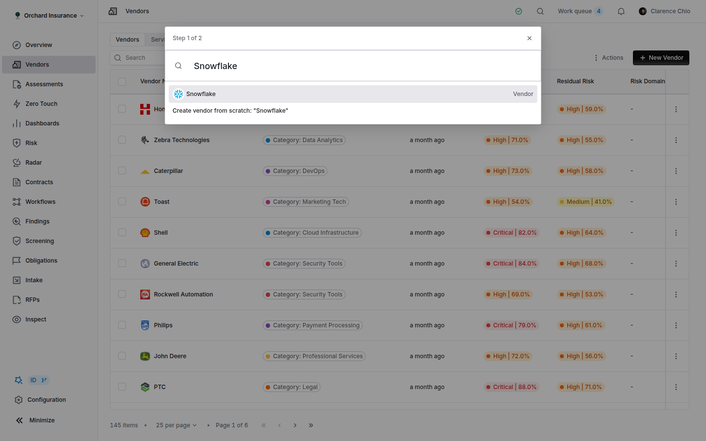New Vendor picker showing an existing vendor match and the create from scratch option