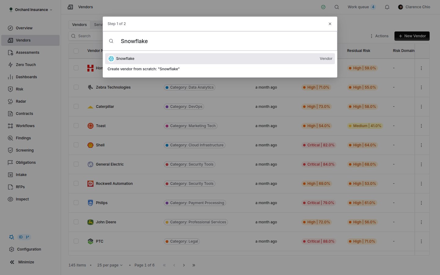 New Vendor picker showing an existing vendor match and the create from scratch option