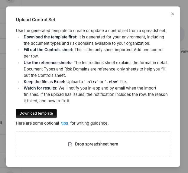 Upload Control Set dialog with a Download template button and a tips link