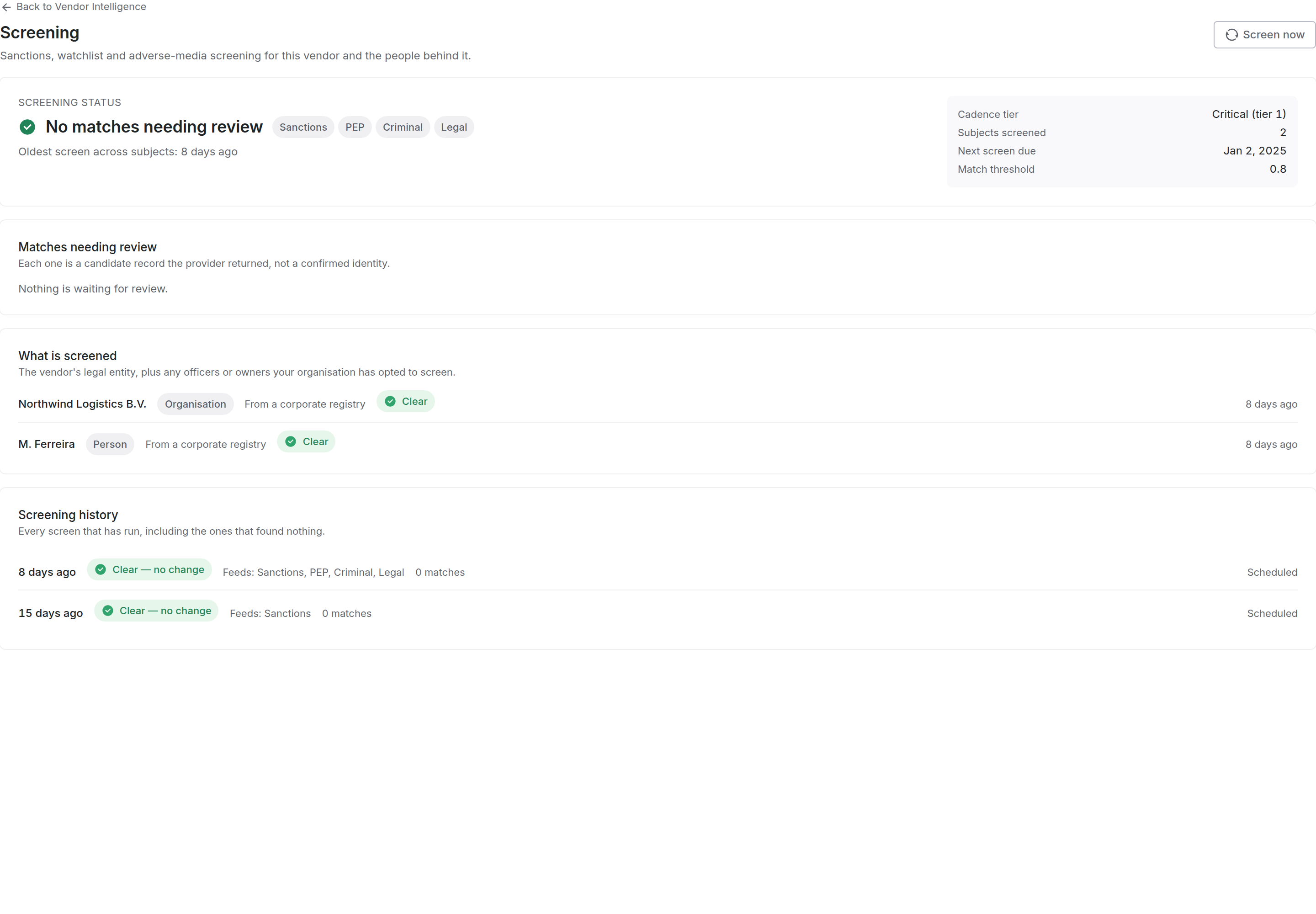 The Screening tab for a vendor with no open matches, showing the history of completed screens with dates and the sources covered.