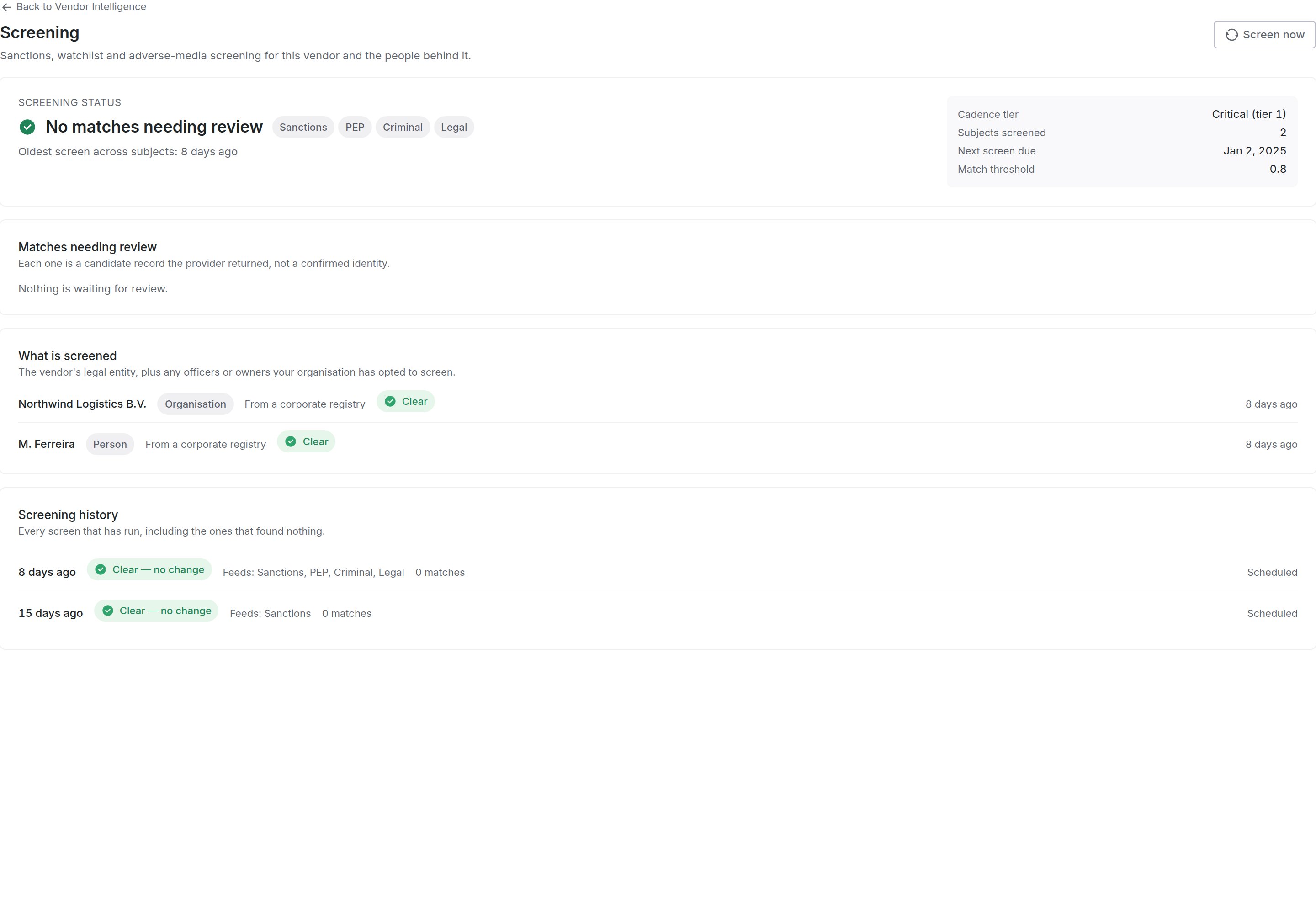 The Screening tab for a vendor with no open matches, showing the history of completed screens with dates and the sources covered.