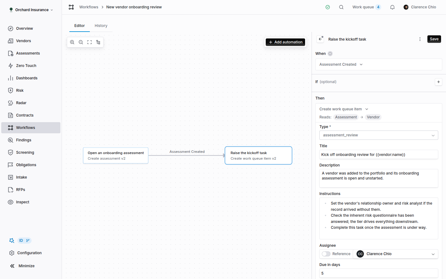 The Coverbase automation inspector showing the When, If and Then sections and the work queue item fields