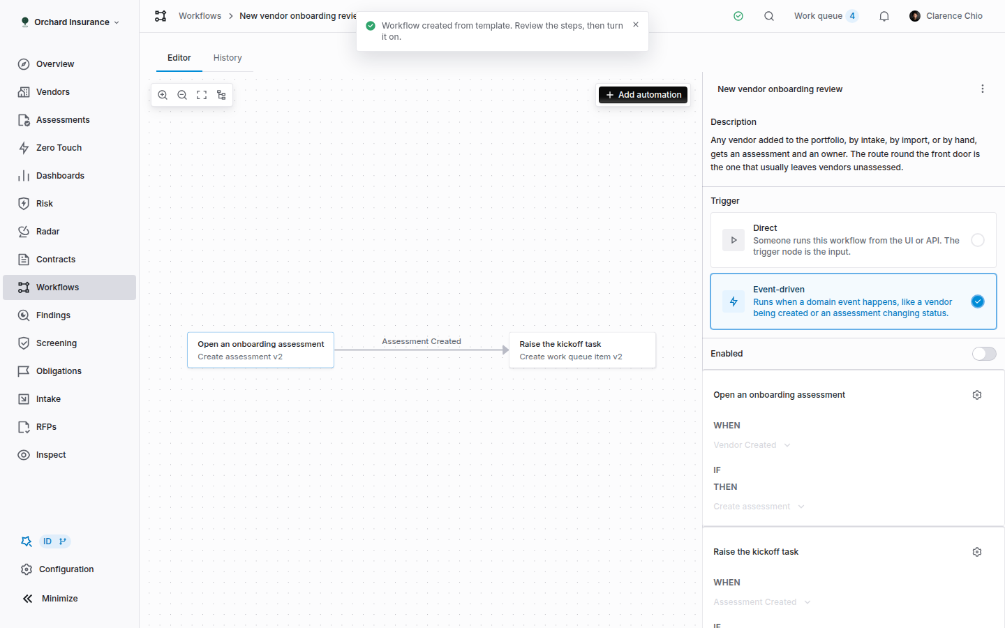 The Coverbase workflow editor with three connected automation nodes on the canvas and the inspector pane on the right