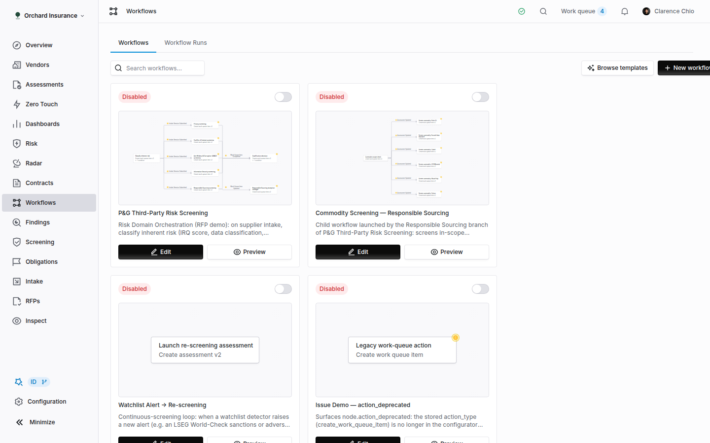 The Coverbase workflows list showing workflow cards with status badges, enabled switches and previews