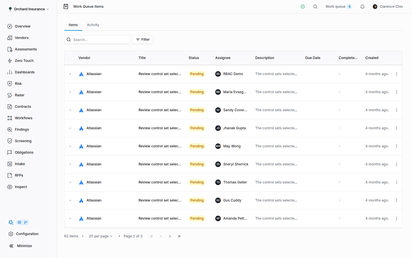 The Coverbase Work Queue Items page with one row expanded to show its instructions and the conditions that raised it