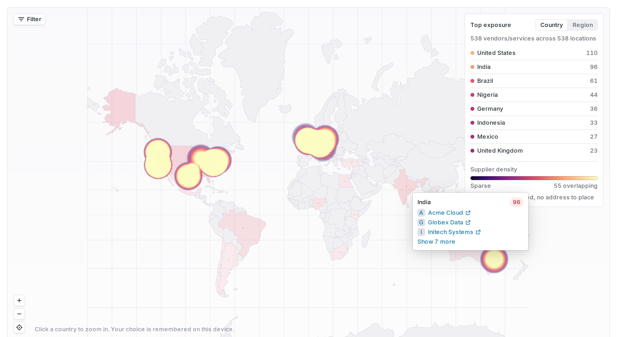 Country popover on the world map listing suppliers recorded in India with a Show more link