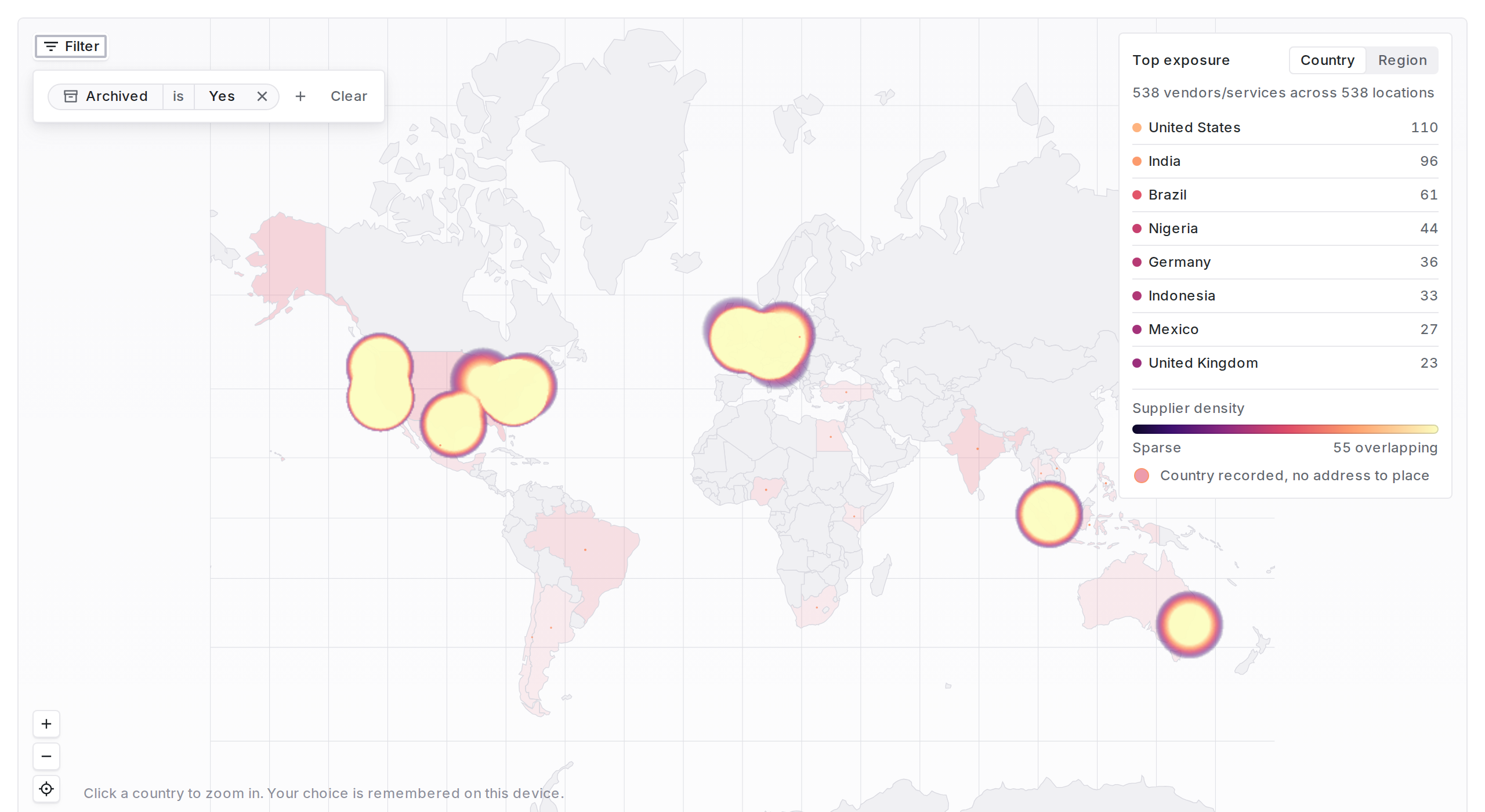 Map with an active filter reading Archived is Yes, plus add and clear controls
