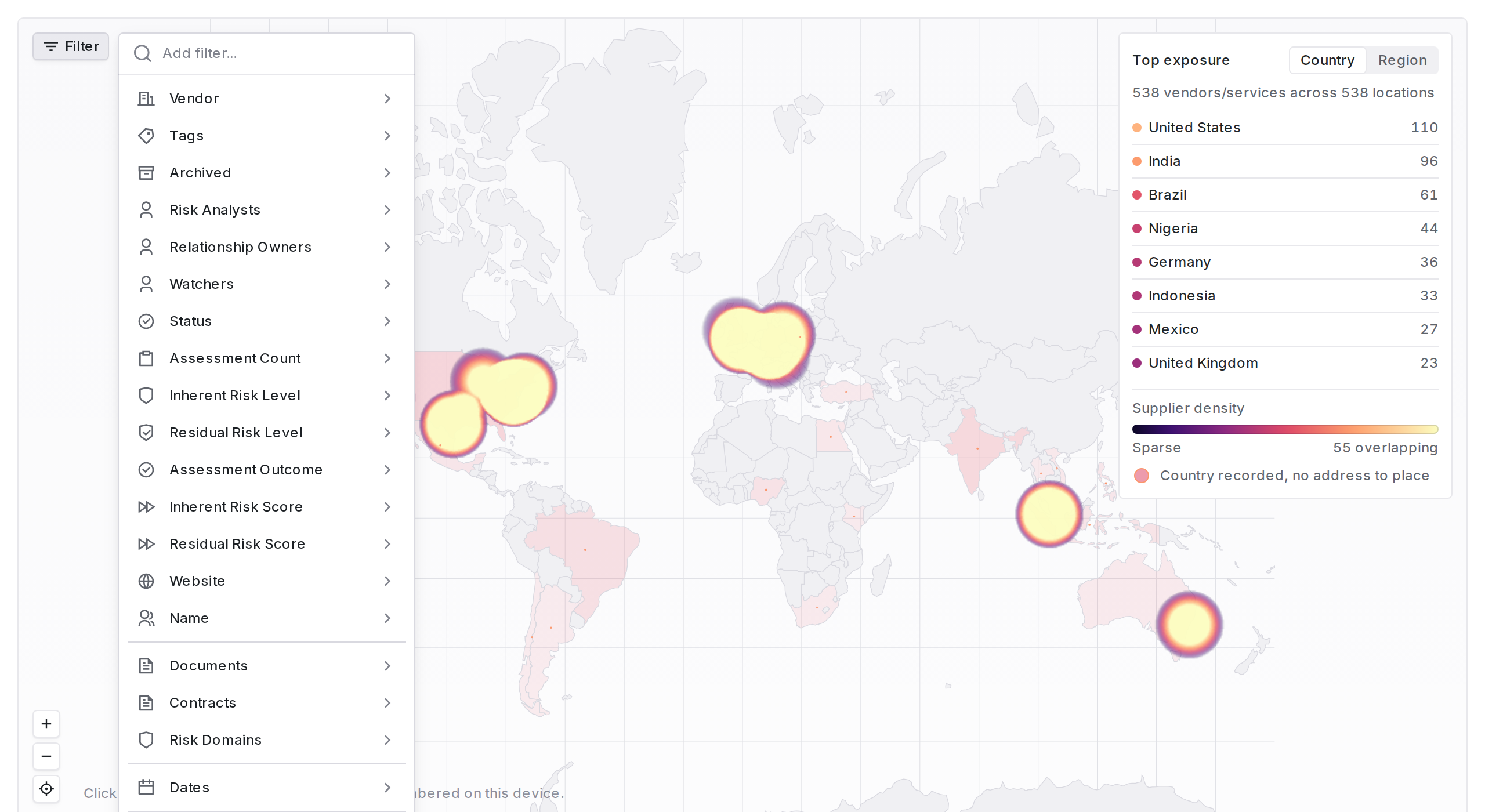 Filter menu open over the map listing Vendor, Tags, Archived, Risk Analysts, Status, and other vendor fields