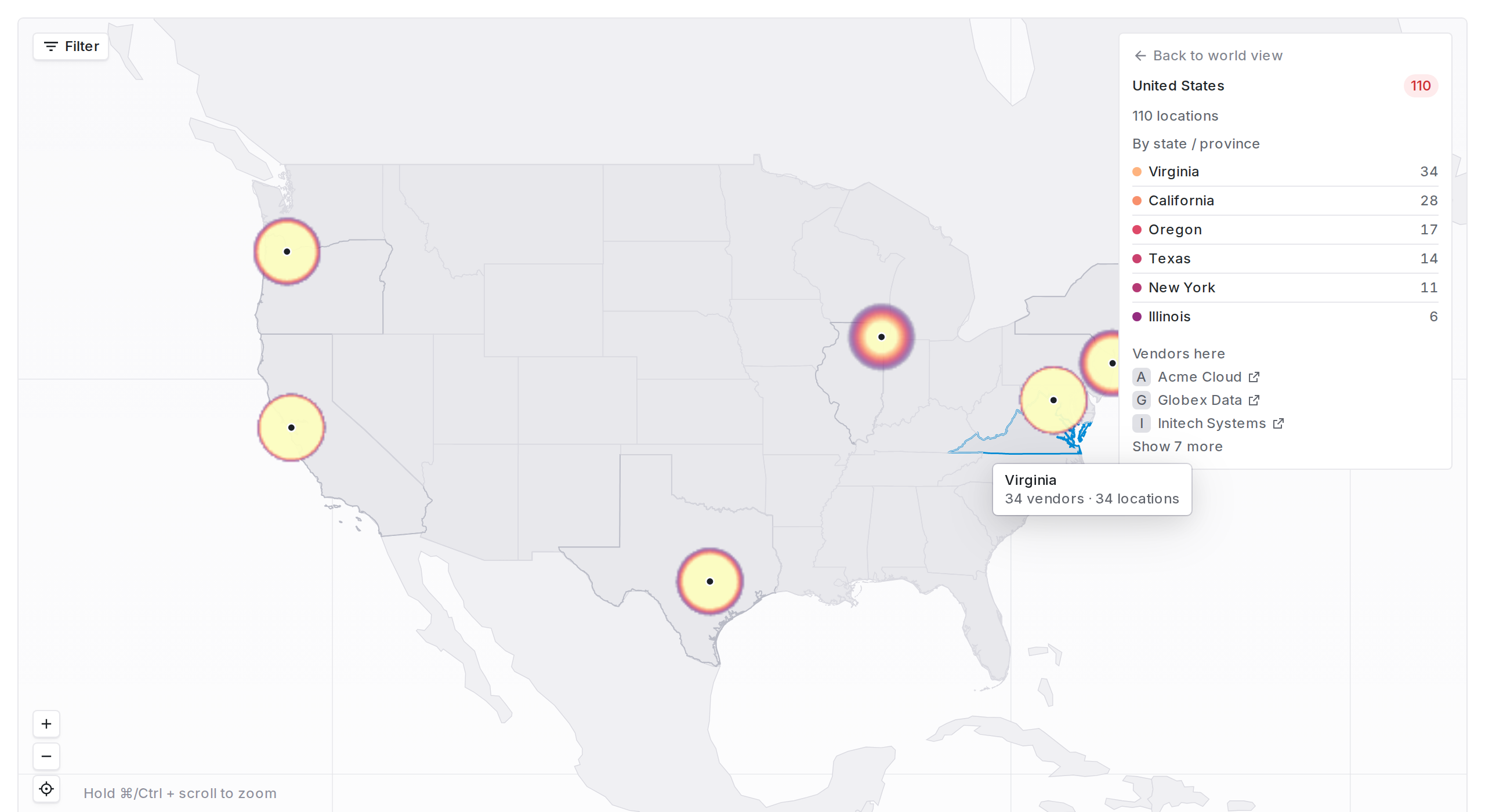 United States focused view with address pins and a state-by-state breakdown panel