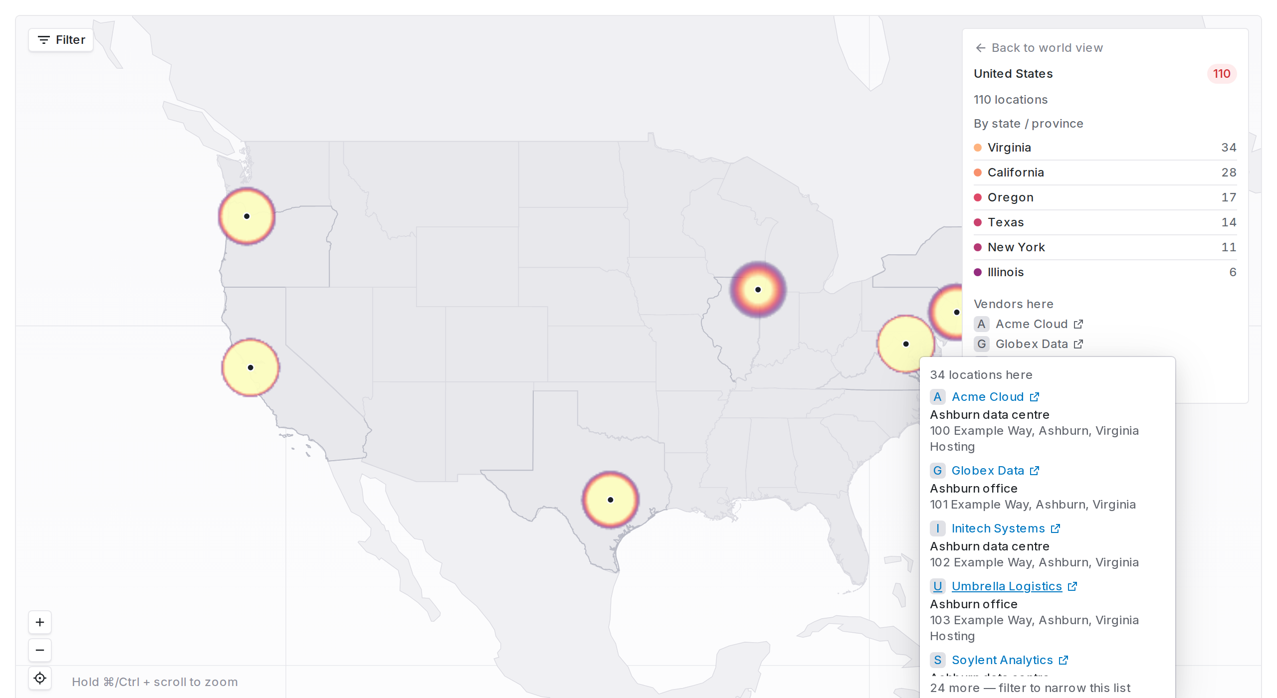 Popover reading 34 locations here, listing suppliers with their site names and addresses, ending in 24 more