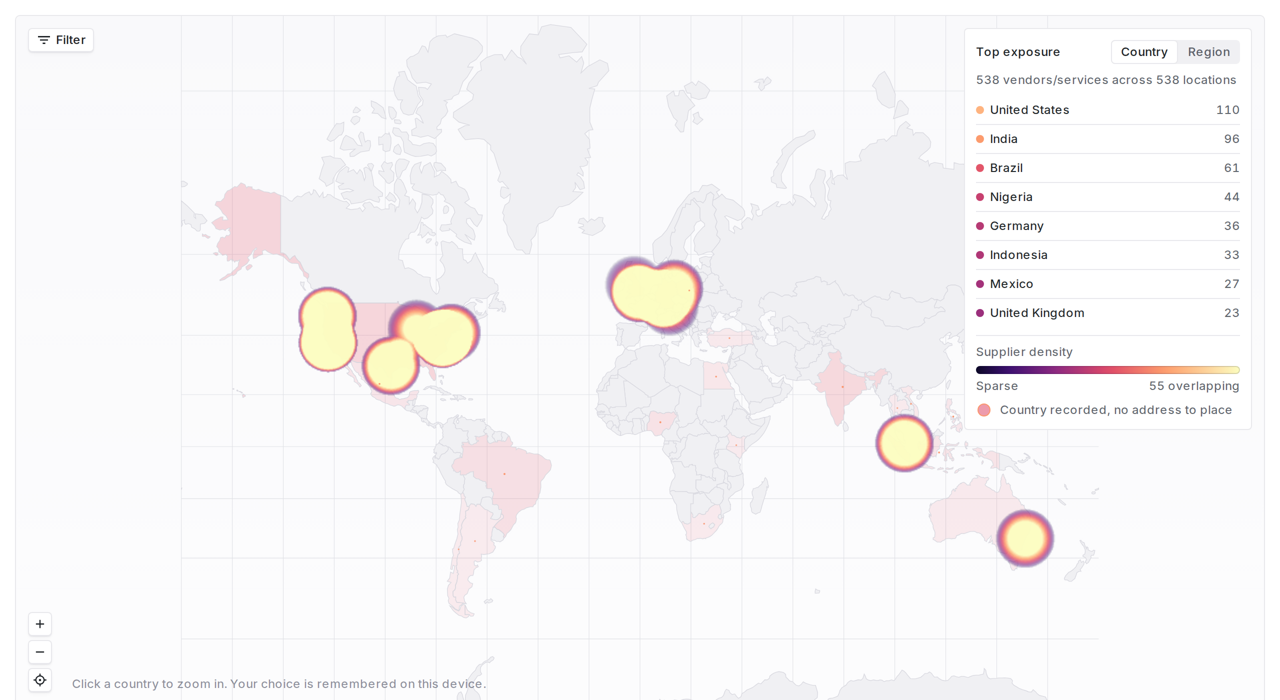 Risk geography world map showing supplier density clusters across North America, Europe and Asia