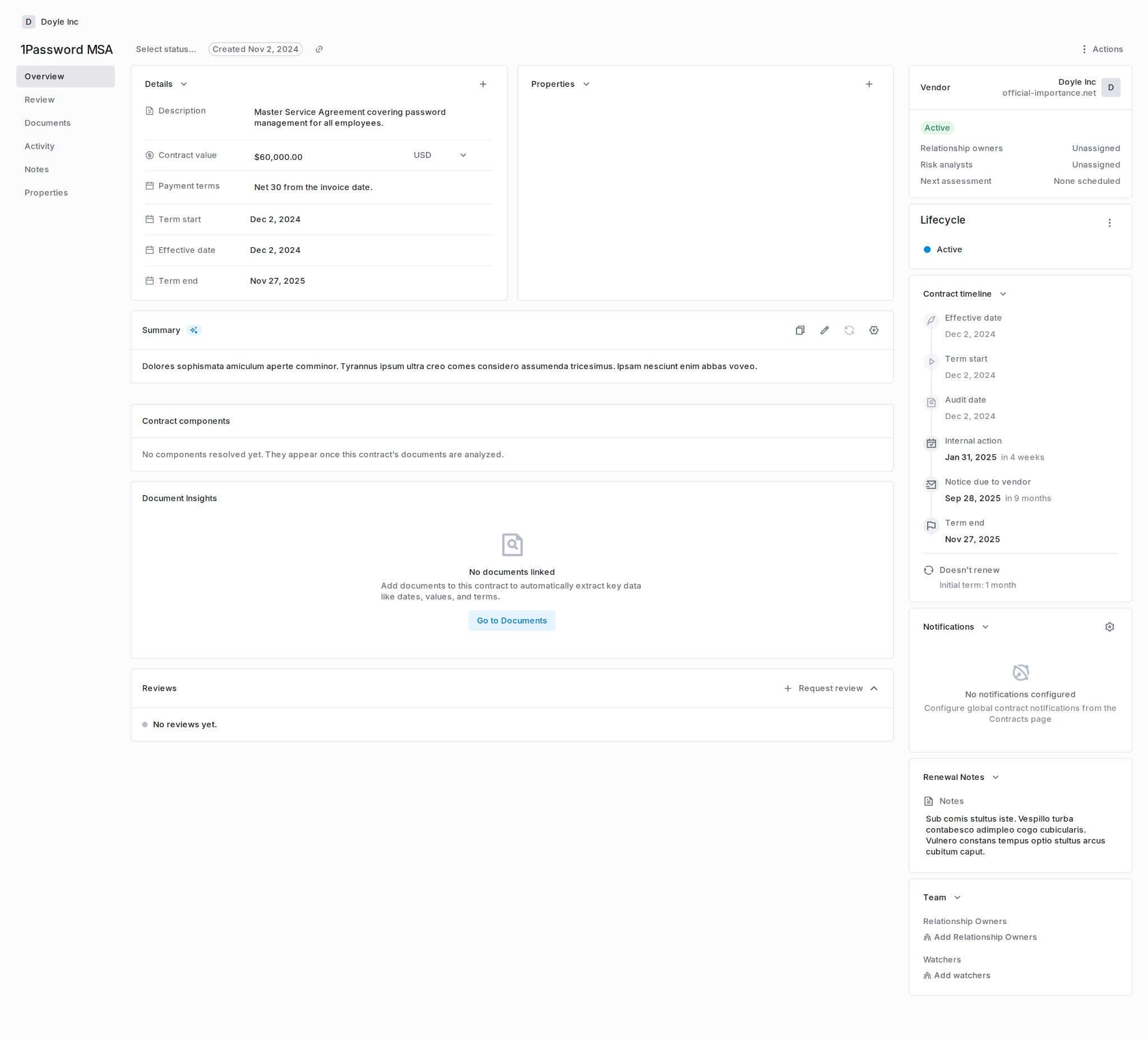 Contract record showing details, summary, components, insights, and the right rail