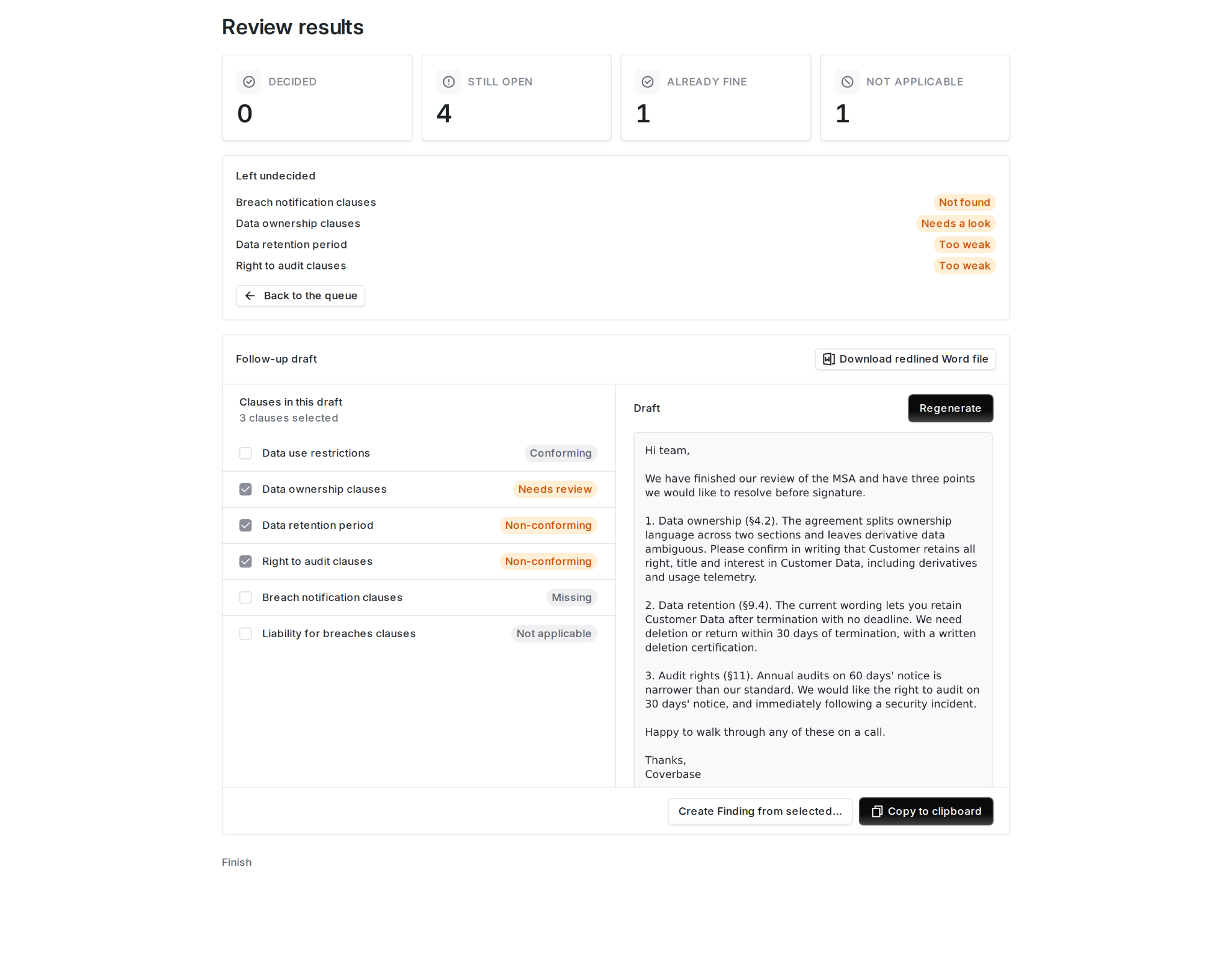 Communicate step showing the generated follow-up draft and the redlined Word file button