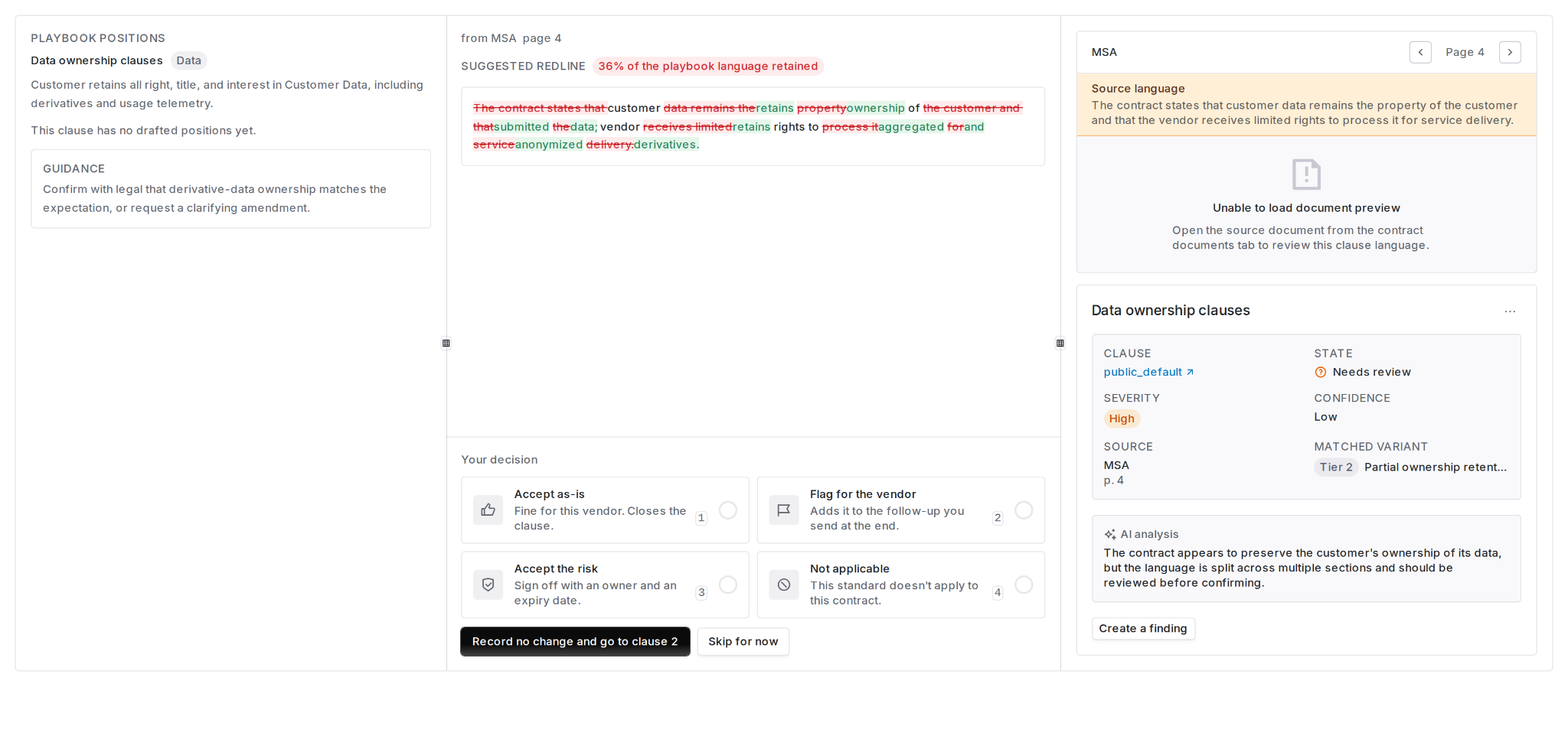 Three-pane decide console showing playbook positions, suggested redline, decision options, and the source document
