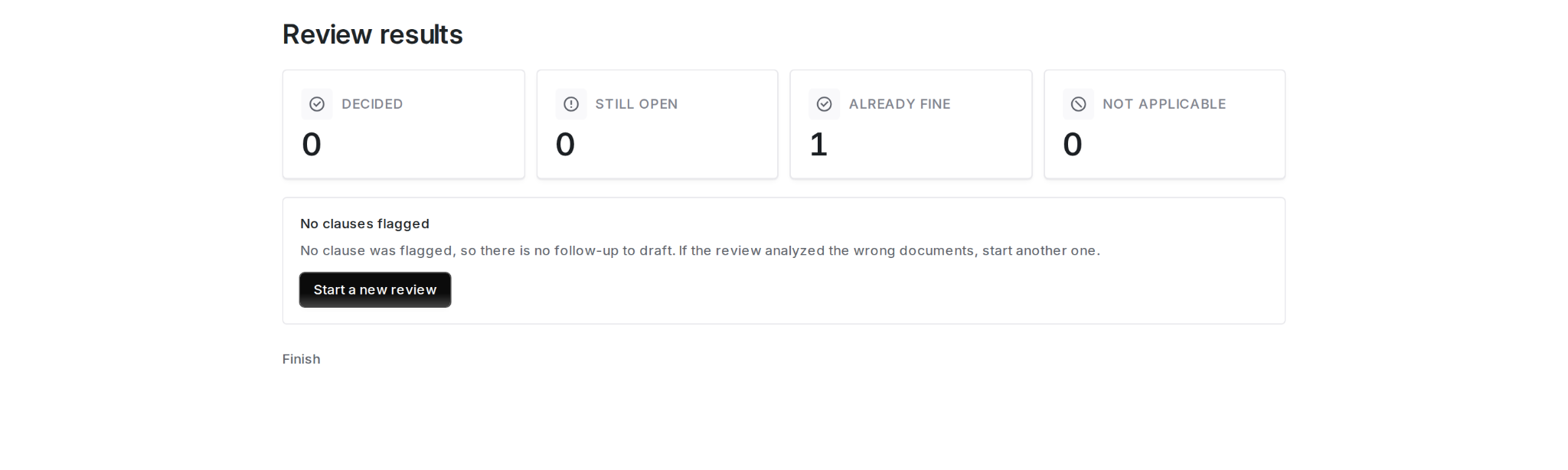 Communicate step with no flagged clauses, offering to start a new review
