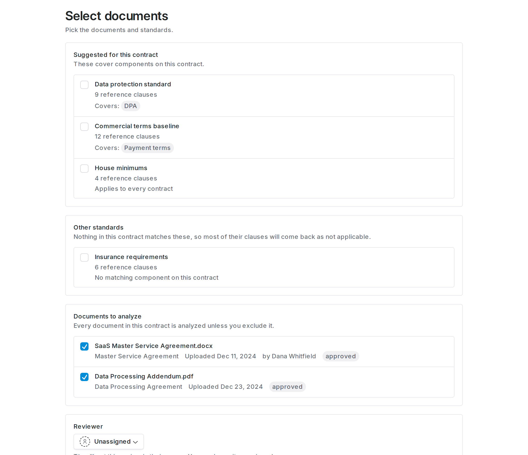 Select documents step showing suggested standards, other standards, documents to analyze, reviewer, and job estimate