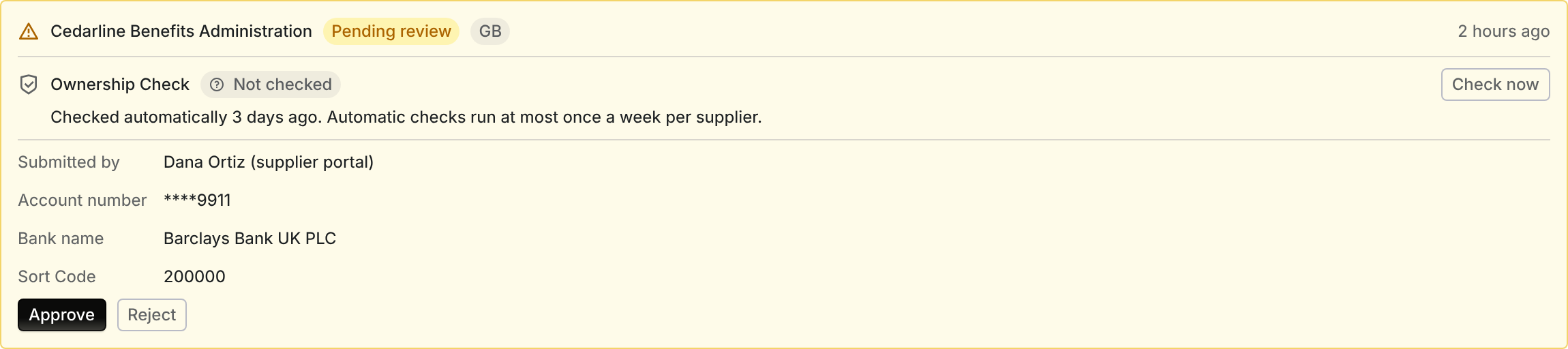 A pending bank change whose Ownership Check row reads Not checked, explaining the supplier was checked automatically 3 days ago and automatic checks run at most once a week, with a Check now button.