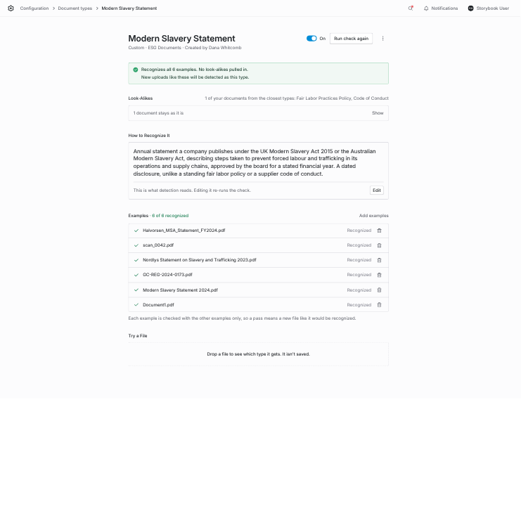 Custom type page with a green banner saying all six examples are recognized