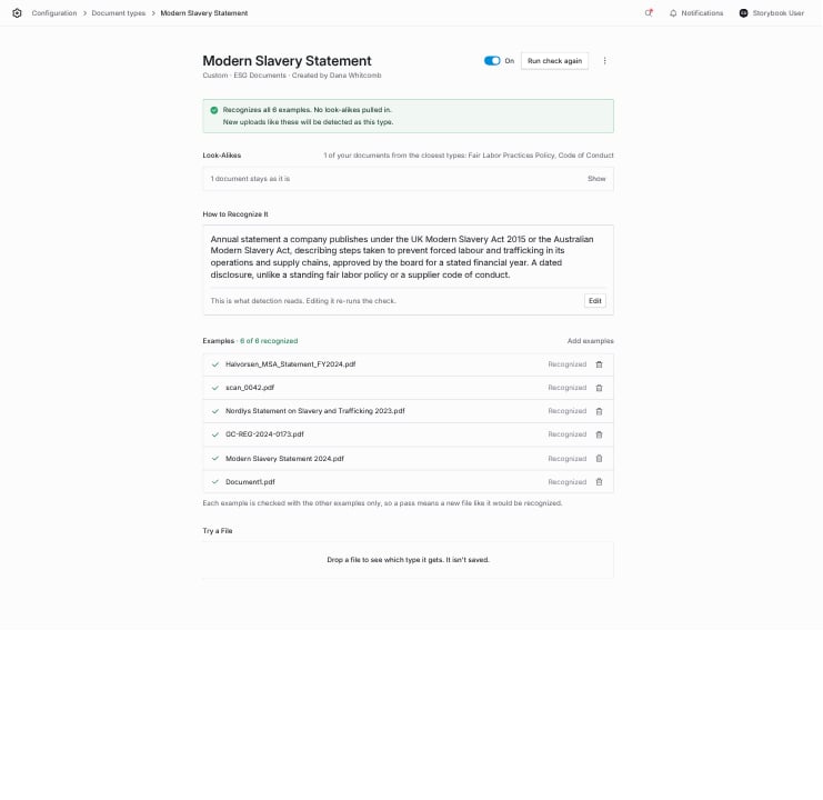 Custom type page with a green banner saying all six examples are recognized