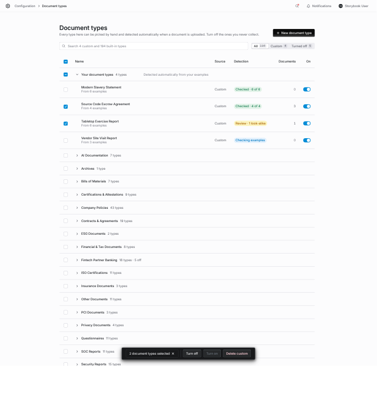Two custom types selected with the bulk action bar showing Turn off, Turn on and Delete custom