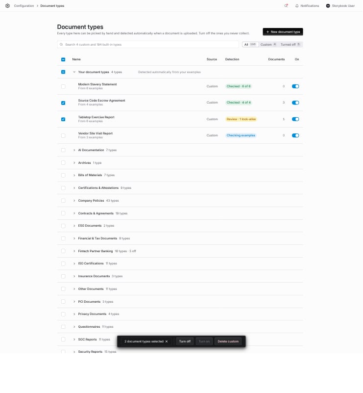 Two custom types selected with the bulk action bar showing Turn off, Turn on and Delete custom