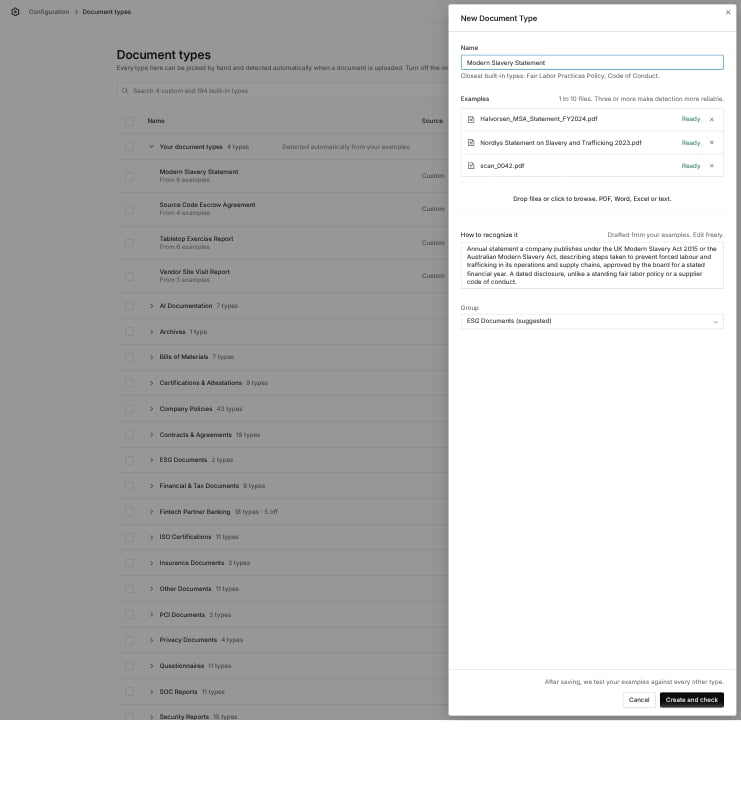 New Document Type drawer with a name, three examples and a drafted description