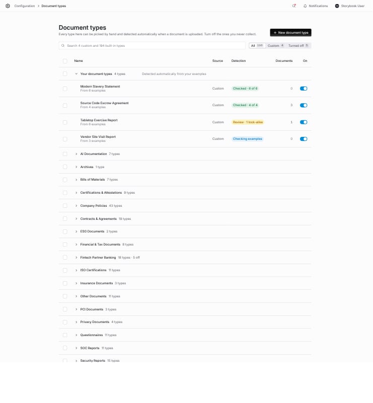 Document types page with custom types first and built-in groups below