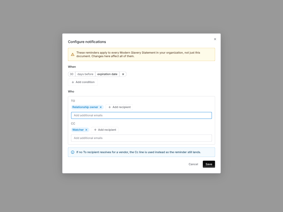 Configure notifications dialog for Modern Slavery Statement, 30 days before expiration date