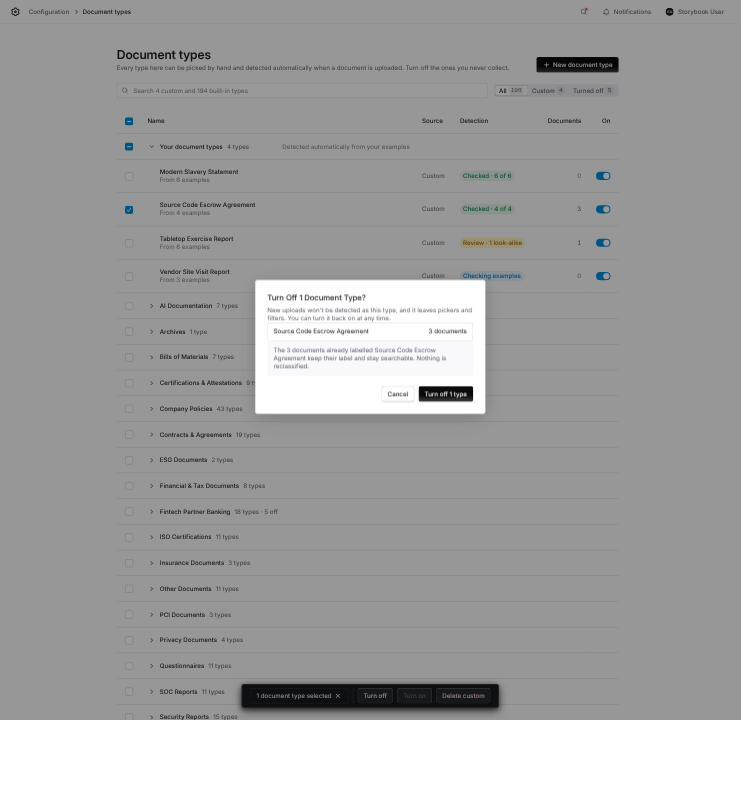 Turn off confirmation listing one type and its three documents