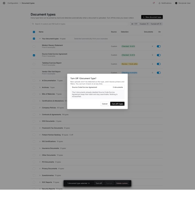 Turn off confirmation listing one type and its three documents