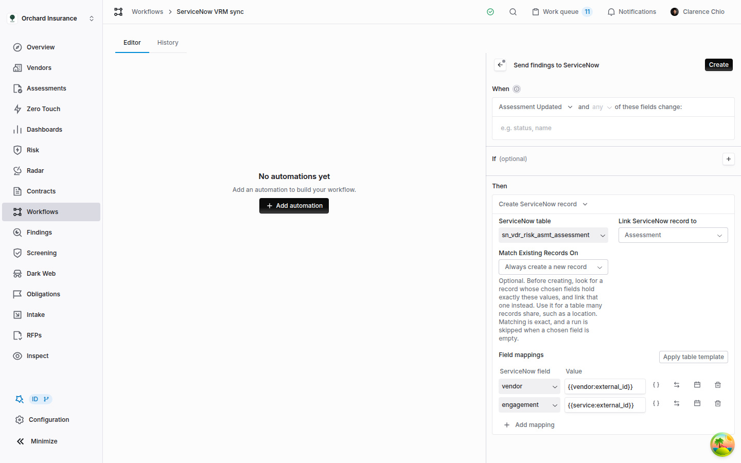 The Coverbase automation inspector with the Create ServiceNow record action, the sn_vdr_risk_asmt_assessment table, Link ServiceNow record to set to Assessment, Match Existing Records On and two field mappings