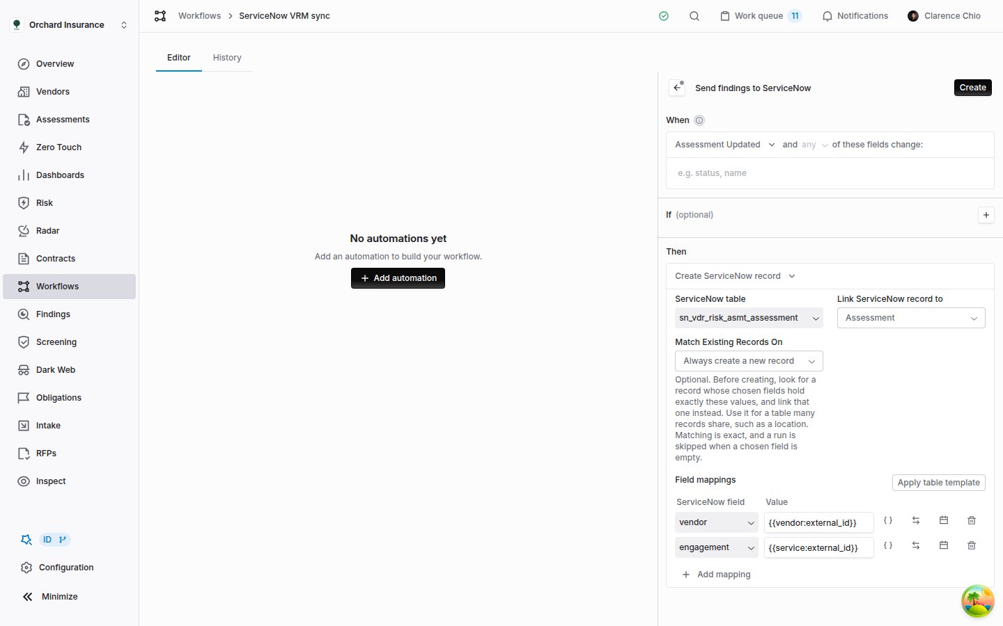 The Coverbase automation inspector with the Create ServiceNow record action, the sn_vdr_risk_asmt_assessment table, Link ServiceNow record to set to Assessment, Match Existing Records On and two field mappings