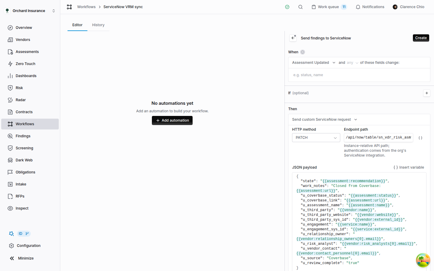 The Coverbase automation inspector with the Send custom ServiceNow request action, HTTP method PATCH, an endpoint path ending in the assessment external ID variable, and a JSON payload of workflow variables