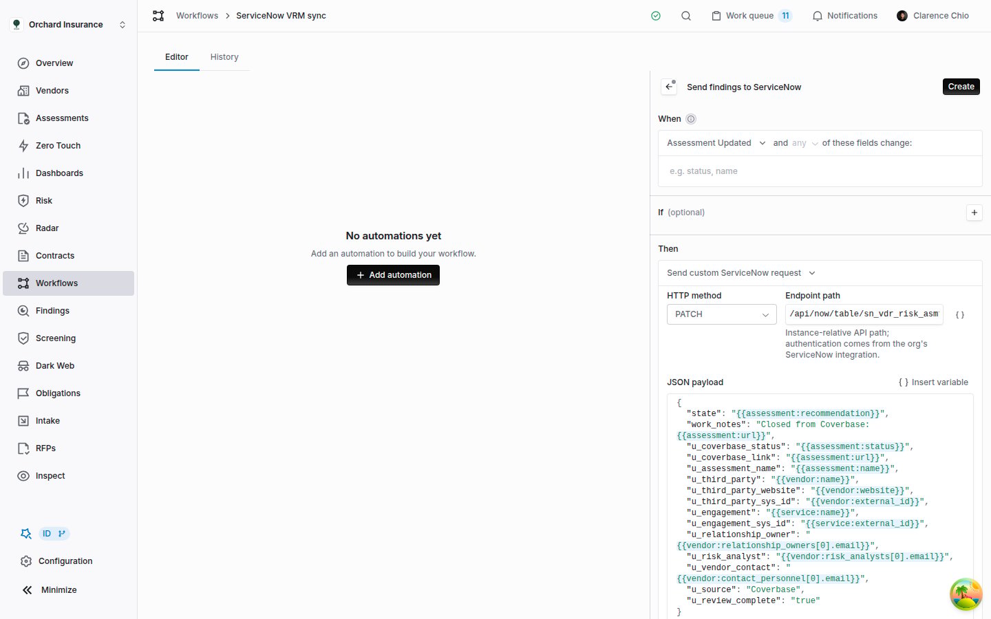 The Coverbase automation inspector with the Send custom ServiceNow request action, HTTP method PATCH, an endpoint path ending in the assessment external ID variable, and a JSON payload of workflow variables