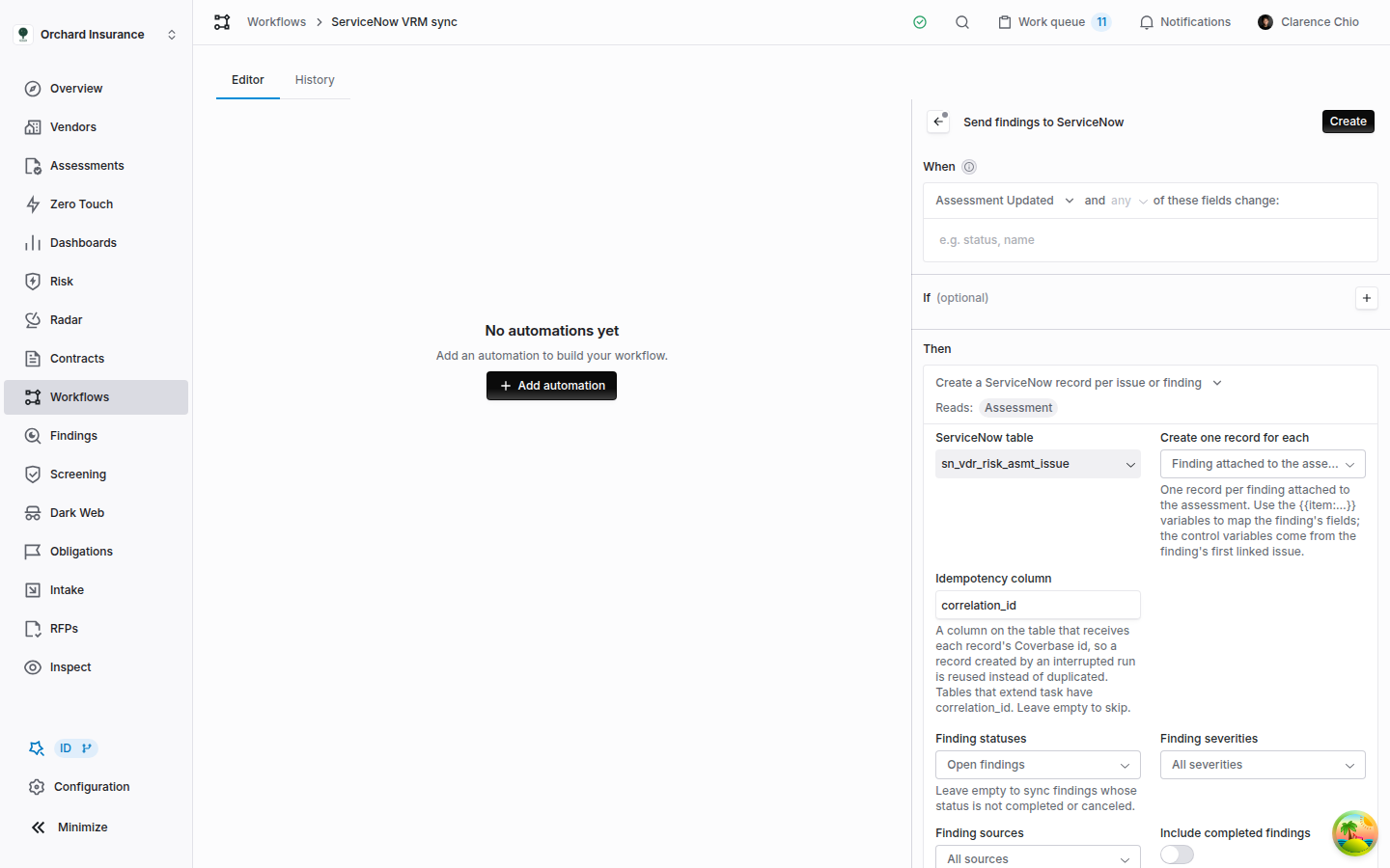 The Coverbase automation inspector with the per issue or finding action, the sn_vdr_risk_asmt_issue table, Create one record for each set to Finding attached to the assessment, and the Idempotency column set to correlation_id