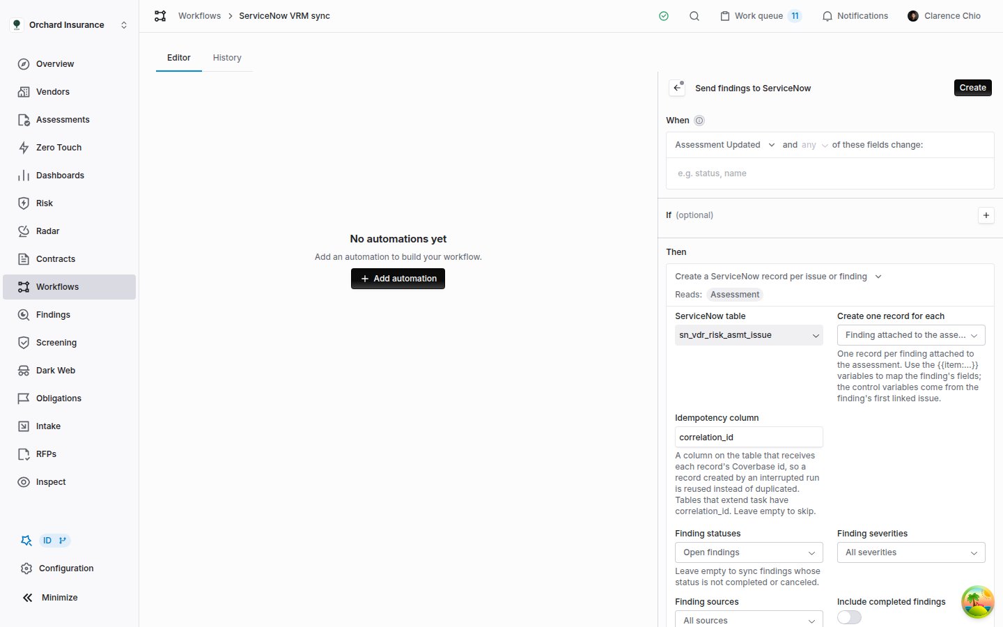 The Coverbase automation inspector with the per issue or finding action, the sn_vdr_risk_asmt_issue table, Create one record for each set to Finding attached to the assessment, and the Idempotency column set to correlation_id