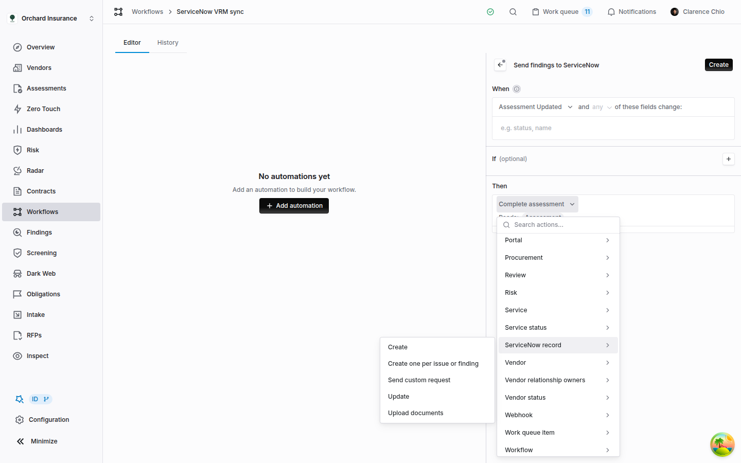 The Coverbase workflow action picker open on the ServiceNow record group, showing Create, Create one per issue or finding, Send custom request, Update and Upload documents