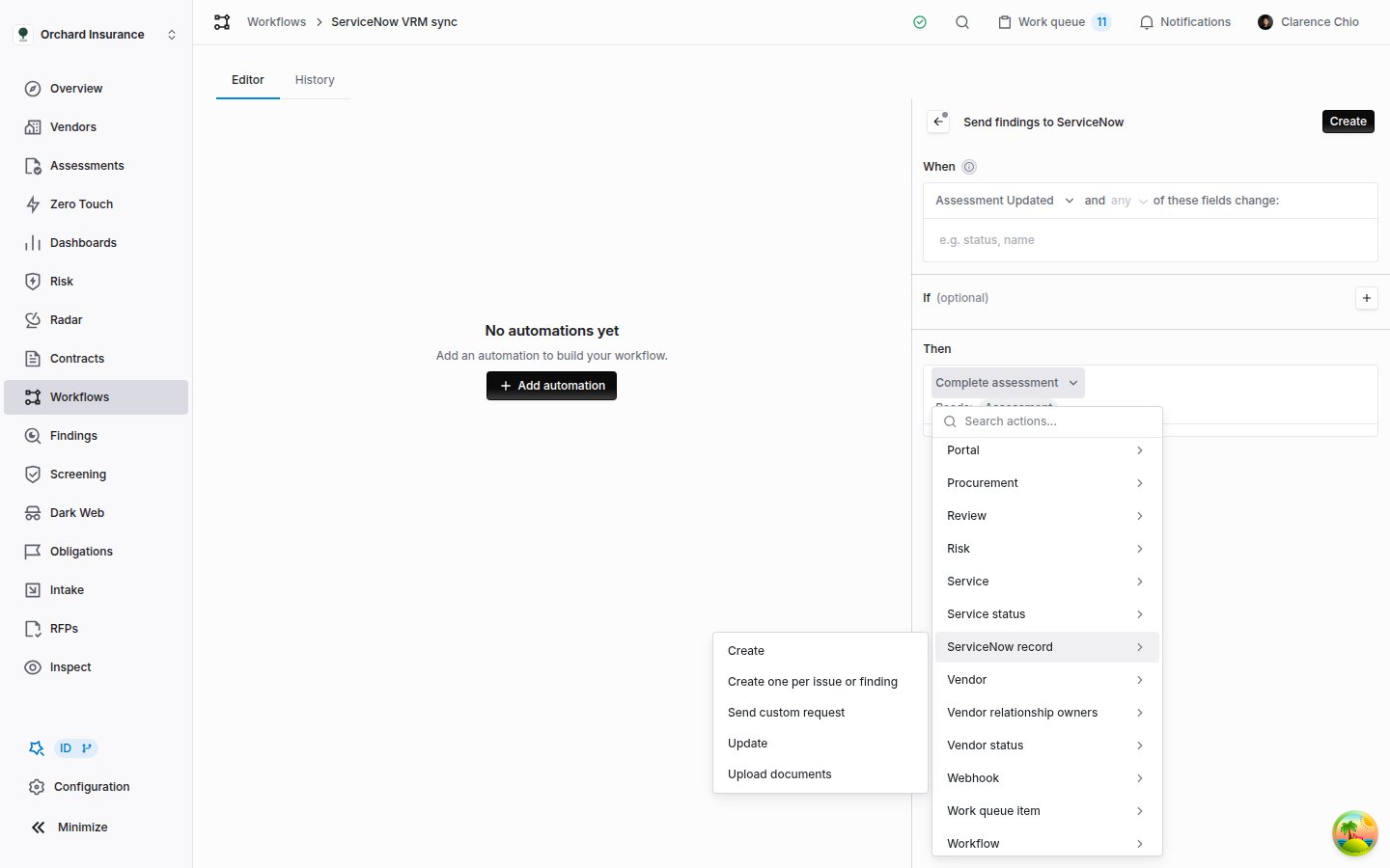 The Coverbase workflow action picker open on the ServiceNow record group, showing Create, Create one per issue or finding, Send custom request, Update and Upload documents
