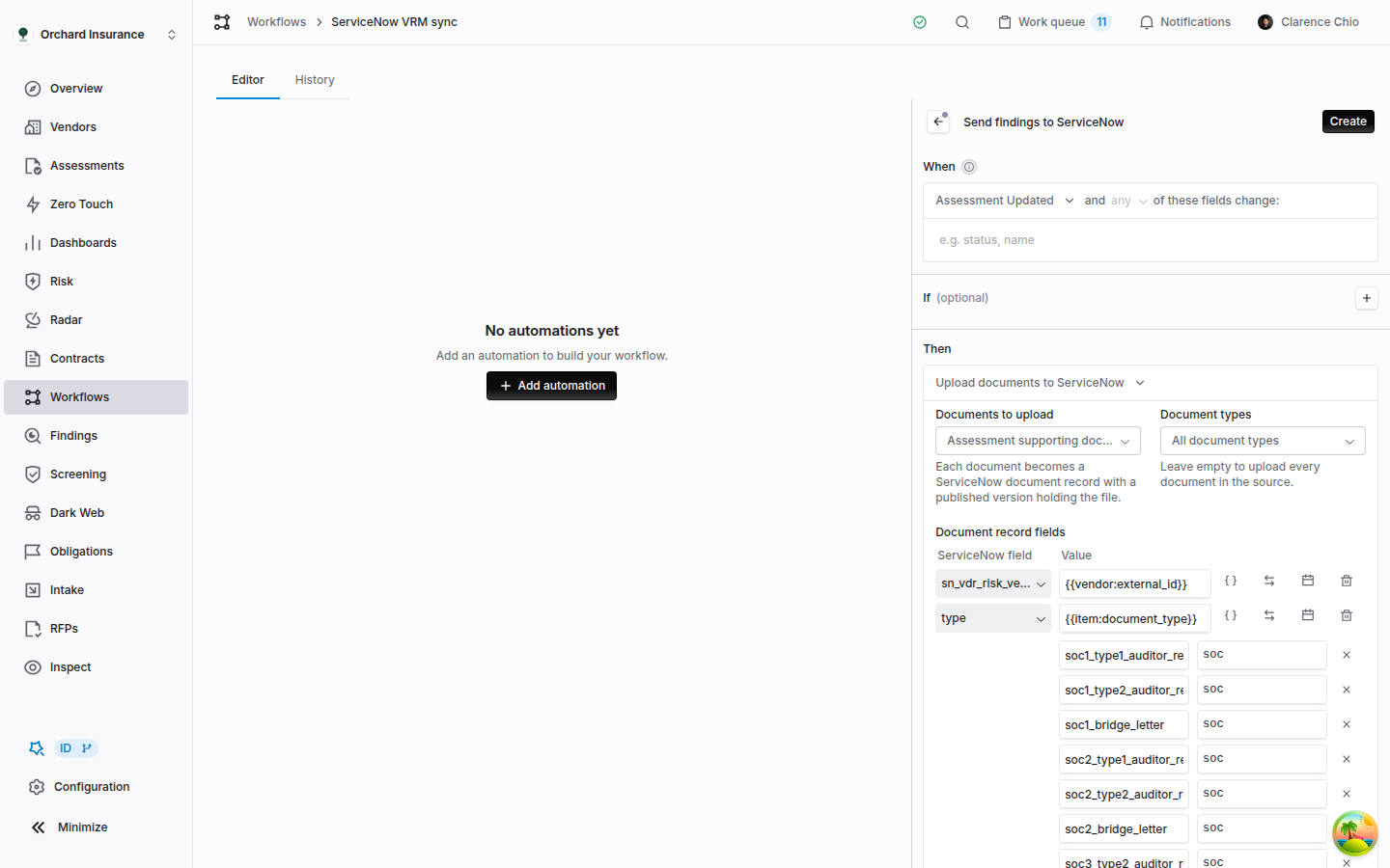 The Coverbase automation inspector with the Upload documents to ServiceNow action, Documents to upload set to assessment supporting documents, All document types, and the document record field mappings, with the type row's value translations open and each SOC report type sent as soc
