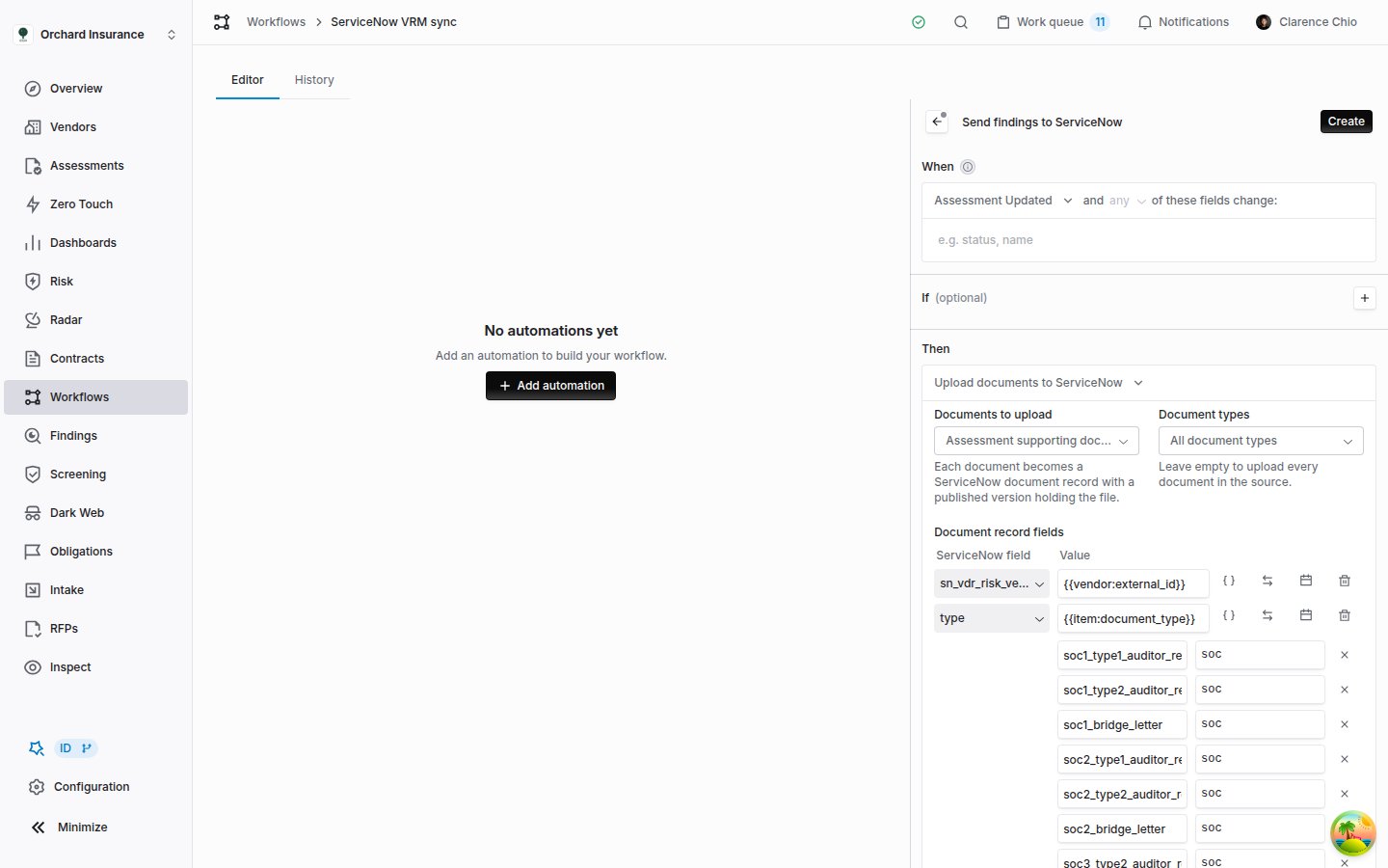 The Coverbase automation inspector with the Upload documents to ServiceNow action, Documents to upload set to assessment supporting documents, All document types, and the document record field mappings, with the type row's value translations open and each SOC report type sent as soc