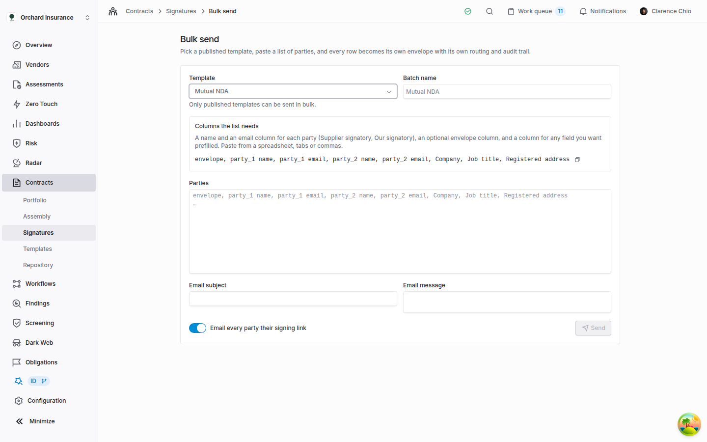 Bulk send page with the Mutual NDA template picked, a Columns the list needs panel showing the header line and a copy button, an empty Parties box, email fields, the email switch and a grayed-out Send button