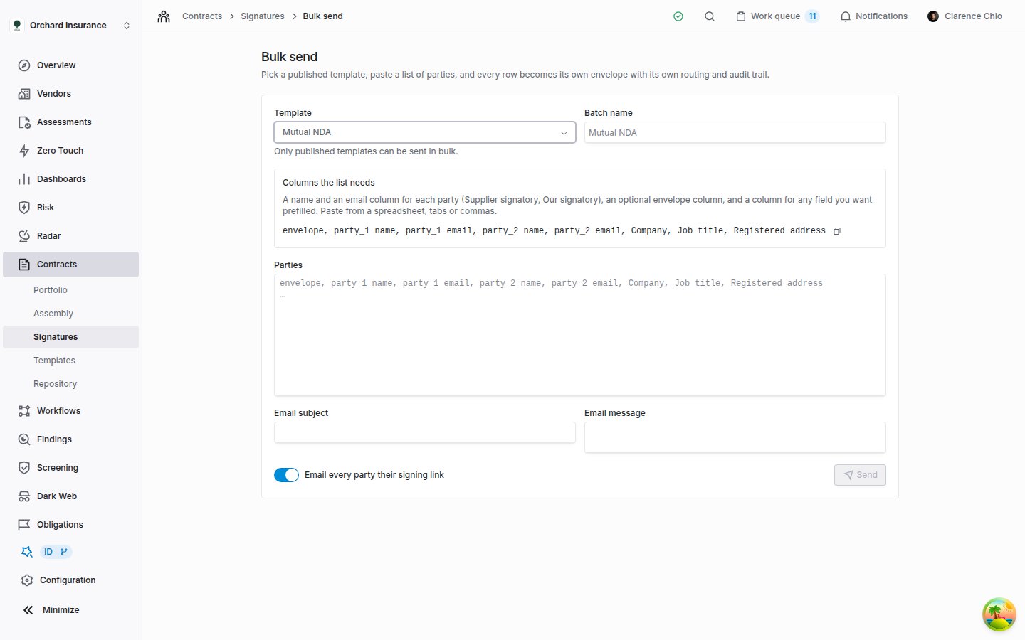 Bulk send page with the Mutual NDA template picked, a Columns the list needs panel showing the header line and a copy button, an empty Parties box, email fields, the email switch and a grayed-out Send button